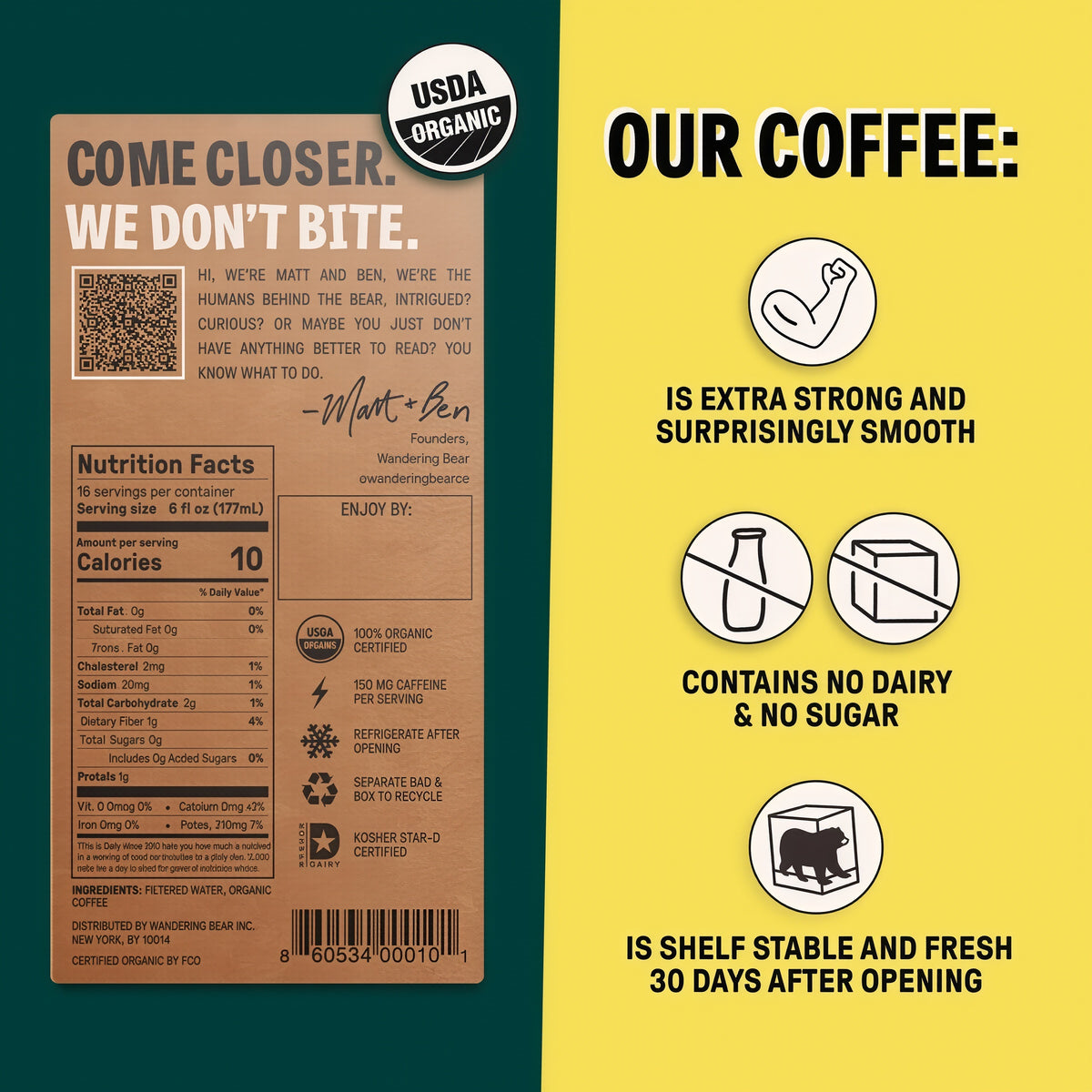 Wandering Bear Straight Black Organic Cold Brew Coffee On Tap 96 oz